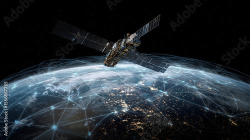Satellite Orbiting Earth with Digital Grid Overlay 