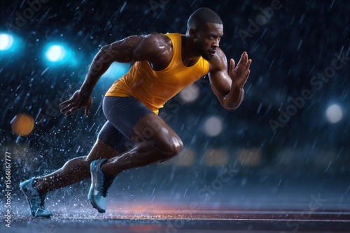 Man sprinting on a rainy night during a track workout for improved speed and endurance training