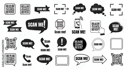 A collection of various scan me icons and qr codes in black and white on a white background design
