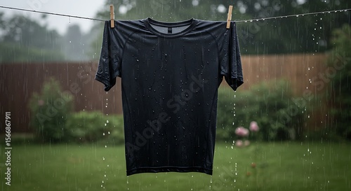 Rain-Soaked Black T-Shirt Hanging on Clothesline Outdoors