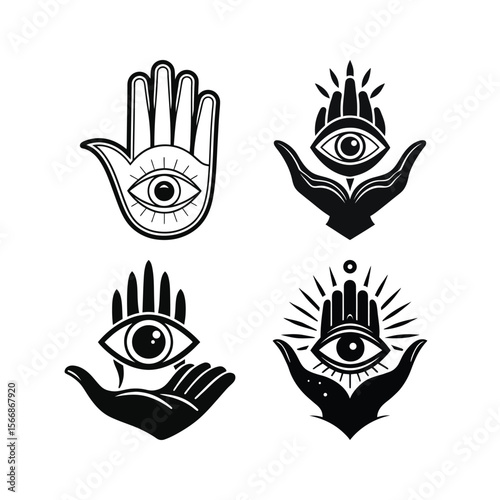 Collection of Hand and Eye Symbol Illustrations in Black and White