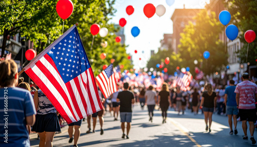 A vibrant city street during a 4th of July parade, people waving flags, balloons flying, festive summer vibe