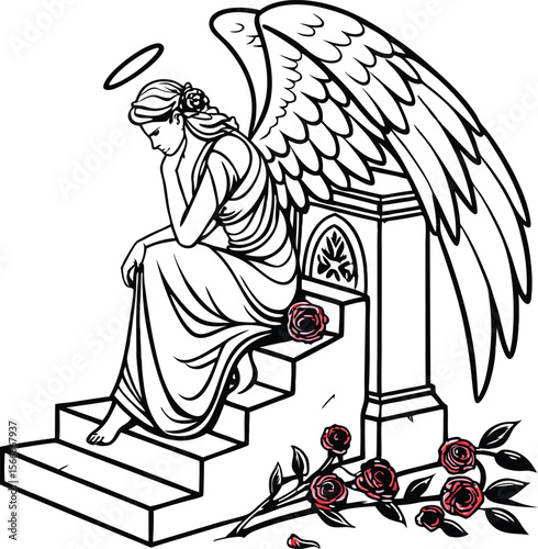 Elegant gothic style vector of a sorrowful angel with intricate details