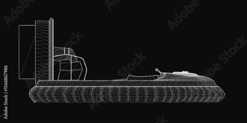 A 3D model of a hovercraft blueprint on a black background features intricate lines and curves for a realistic design. The detailed boat-like structure resembles a floating pillow with smooth edges.