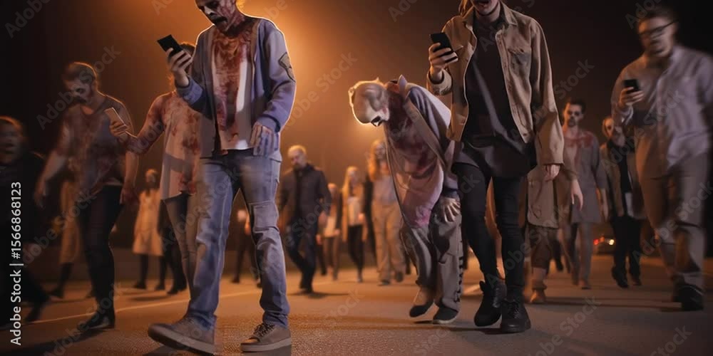 A zombie horde during an undead viral outbreak glued to their smartphones and mobile electronics devices using social media