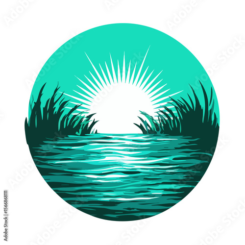 Vibrant Vector Sunrise Over River with Reflections and Grass Silhouettes in Circular Design for Nature and Landscape Concepts