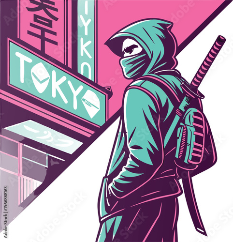 Futuristic masked samurai warrior in dynamic vector art style