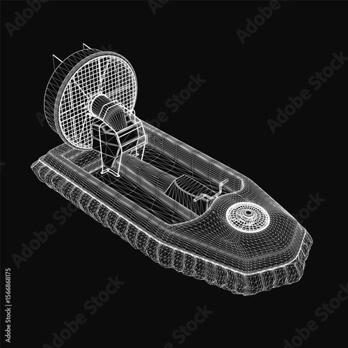 A 3D model of a hovercraft blueprint floats on a black background, featuring intricate lines and smooth curves for a realistic design. The detailed rendering highlights the boat-like structure.