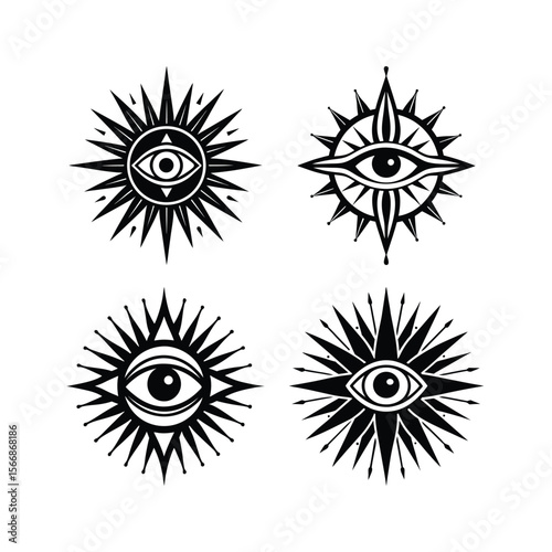 Four Black and White Mystical Eye Sunbursts on a White Background