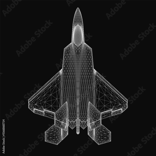 A sleek 3D wireframe fighter jet model hovers against a black background, showcasing intricate combat-ready details. The realistic rendering highlights advanced aerodynamics and futuristic design.