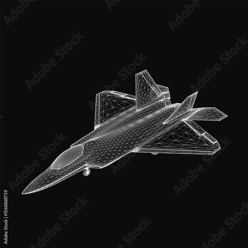 A sleek 3D wireframe fighter jet model hovers against a black background, showcasing intricate combat-ready details. The realistic rendering highlights aerodynamic contours and futuristic design.