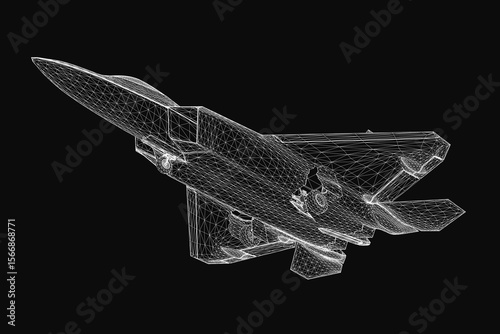 A sleek 3D wireframe model of a combat fighter jet floats against a black background. The detailed mesh structure highlights the aircraft's aerodynamic design.