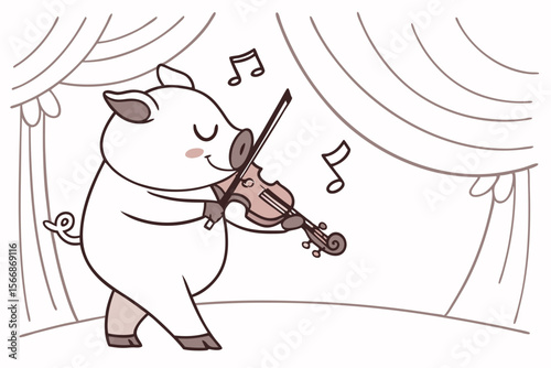 Vector cute Pig cartoon character, playing a violin, graceful and focused expression, musical notes, elegant stage hint, isolated on white background