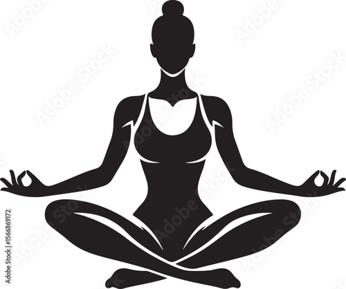 Silhouette of a woman meditating in a peaceful yoga pose on a white background