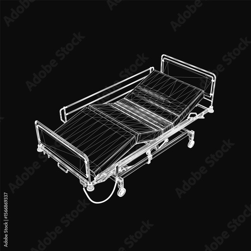 A 3D wireframe model of a hospital bed with four wheels stands on a black background. The detailed mesh structure highlights the bed's mobility and functional design.