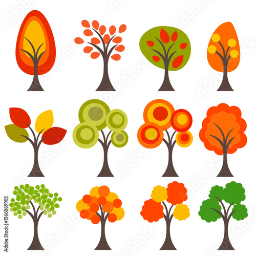 set of trees with autumn leaves without background