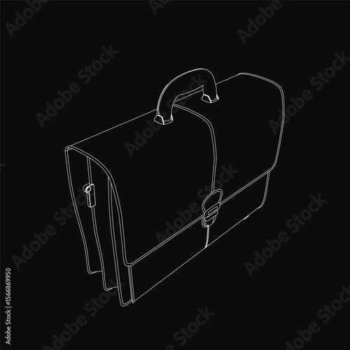 Black briefcase vector illustration features a clean white outline on a dark background. The design includes a sturdy handle and a prominent front lock. Simple yet professional.