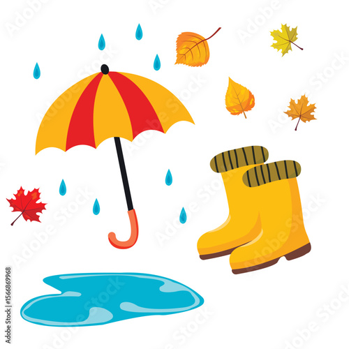 set of autumn stickers leaves, umbrella, raindrops and puddle, boots on white background