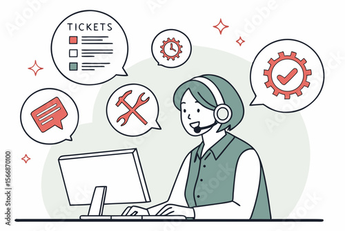 Customer service representative with headset and computer technology