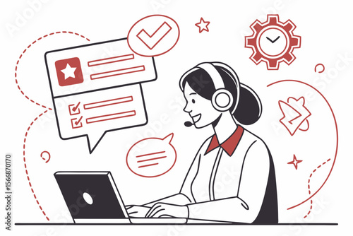 Woman customer service representative working on laptop headset
