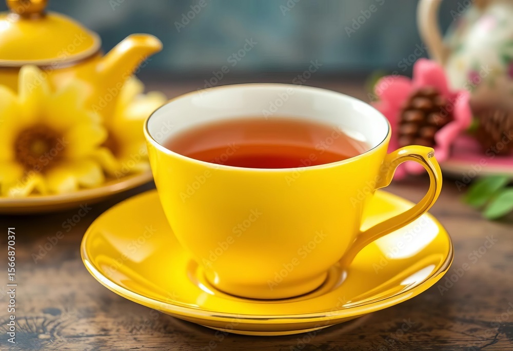 Fototapeta premium A vibrant yellow teacup and saucer, filled with a warm beverage, simple, relaxing
