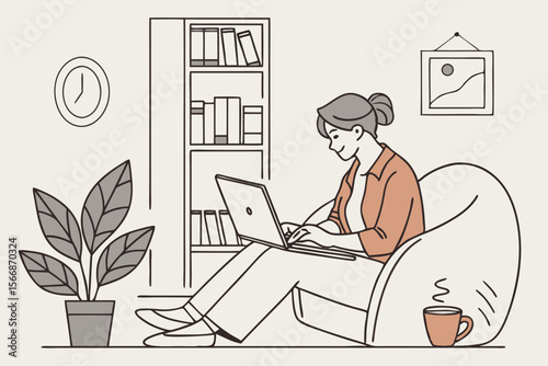 Woman working on laptop in comfortable home setting remote work home office