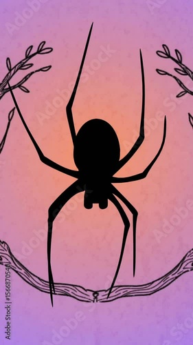 Spider silhouette with branches animation over gradient purple and orange background