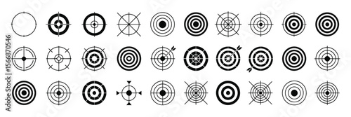 Target and aim icon set with crosshair, bullseye vector symbols for precision, accuracy, focus, archery, shooting, navigation

