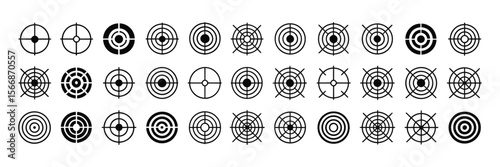 Vector icon collection of target, crosshair, bullseye, representing aiming, precision, accuracy, archery, shooting, and focus

