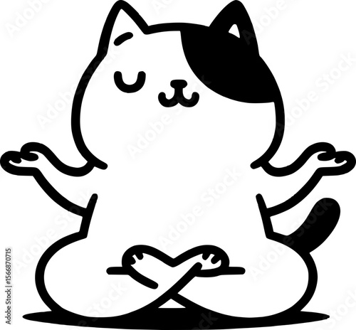 Flexible cat doing yoga lotus pose in funny black flat vector style
