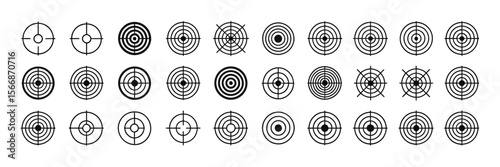 Vector icon collection of target, crosshair, bullseye, representing aiming, precision, accuracy, archery, shooting, and focus

