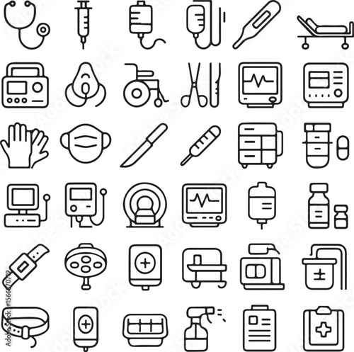 Collection of medical equipment icons including stethoscope syringe iv bag thermometer hospital bed mask gloves and more
