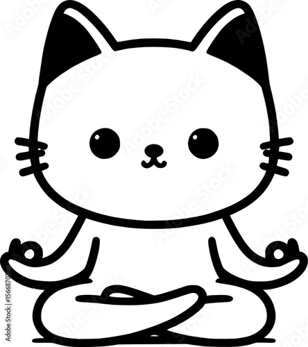Flexible cat doing yoga lotus pose in funny black flat vector style
