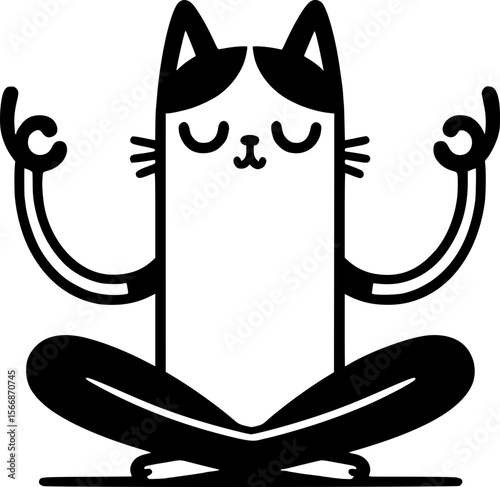 Flexible cat doing yoga lotus pose in funny black flat vector style

