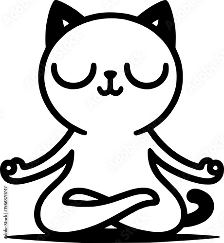 Flexible cat doing yoga lotus pose in funny black flat vector style
