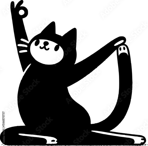 Flexible cat doing yoga lotus pose in funny black flat vector style
