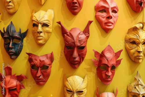 Vibrant Color Visual of Paper Masks on Yellow Background