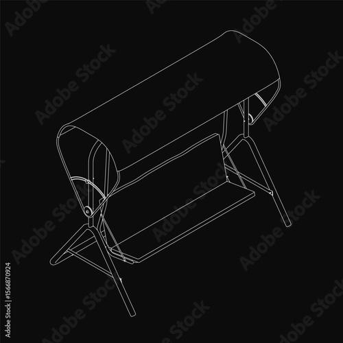 A black and white line drawing of a curved bench with angled legs and raised top, creating a three-dimensional effect. The bench features a smooth backrest and armrests, set against a dark background.