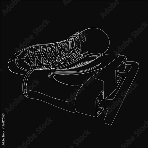 Black and white sketched sneakers with detailed laces and soles stand out against a dark background. The clean lines highlight the shoe design, perfect for urban or sports themes.