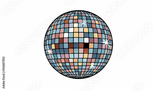 "mirror disco ball reflecting lights, vector, retro style, white background" generative ai
