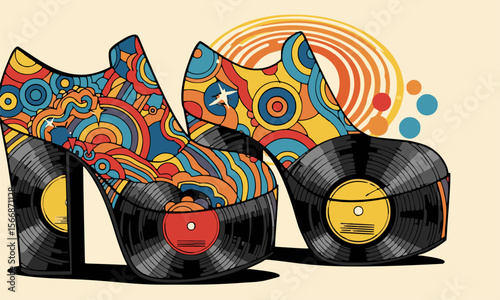 "platform shoes and vinyl record elements, 70s vibe, vector design"generative ai
