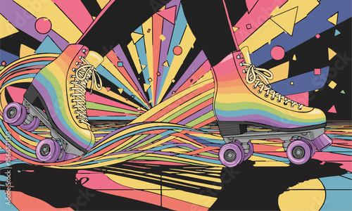 "retro roller skates, rainbow trails, 70s disco theme, vector clean art"generative ai