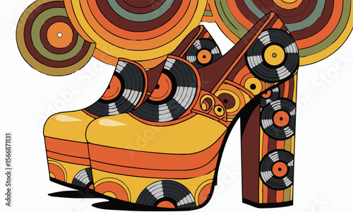 "platform shoes and vinyl record elements, 70s vibe, vector design"nerative ai
