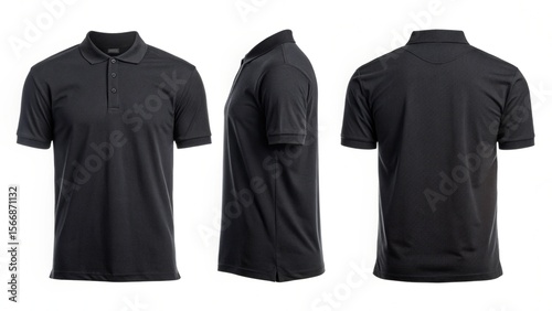 Black Men's Polo Shirt Mockup: Front, Side, and Back Views, Studio Shot, Clean Minimalist Style
