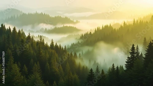 Misty morning mountain landscape with a tranquil sunrise over a reflective lake and forest, revealing the serene nature of dawn