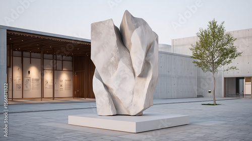 Modern abstract stone sculpture on display in a minimalist outdoor plaza with contemporary architecture and a young tree.