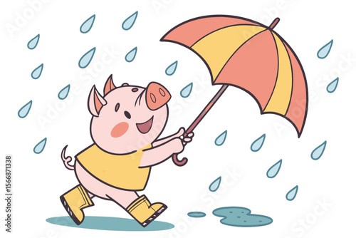 Vector cute Pig cartoon character, playing in the rain, wearing rain boots and holding an umbrella, joyful and carefree expression, raindrops and puddles, isolated on white background