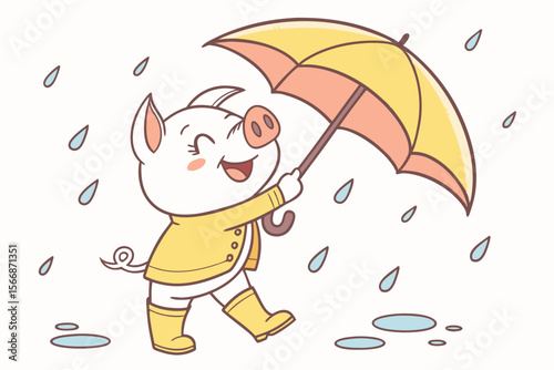 Vector cute Pig cartoon character, playing in the rain, wearing rain boots and holding an umbrella, joyful and carefree expression, raindrops and puddles, isolated on white background
