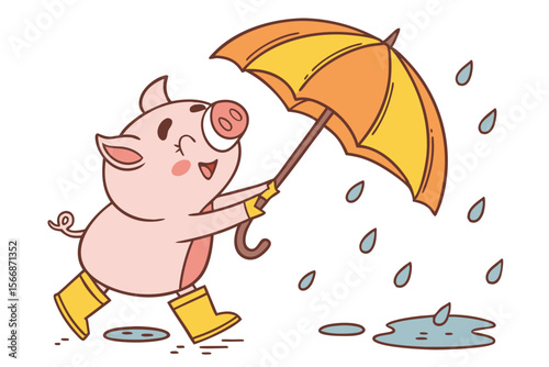 Vector cute Pig cartoon character, playing in the rain, wearing rain boots and holding an umbrella, joyful and carefree expression, raindrops and puddles, isolated on white background