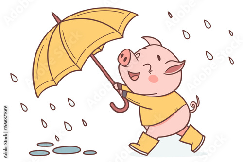 Vector cute Pig cartoon character, playing in the rain, wearing rain boots and holding an umbrella, joyful and carefree expression, raindrops and puddles, isolated on white background